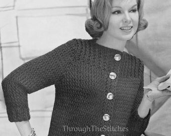 PDF: 1950s Vintage Knitting Pattern for Fast, Easy Ladies Bulky Knit Cardigan Sweater; 3/4 Sleeves - PDF Digital Instant Download - Womens