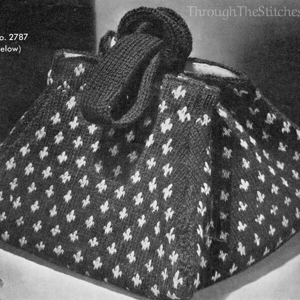 Box Bag 40s Vintage Knitting Pattern with Fleur de Lis Design - Lovely Shape & Form Knitted Purse Tote - Instant PDF DOWNLOAD - Knit Gift