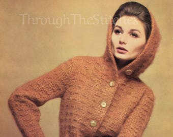 PDF: 1960s Vintage Knitting Pattern to Knit Ladies Textured Hooded Cardigan w/ Chic Hood - PDF Instant Digital Download - Womens Sizes 12-18