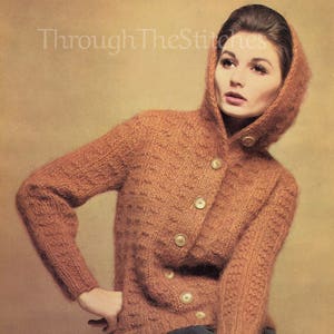 PDF: 1960s Vintage Knitting Pattern to Knit Ladies Textured Hooded Cardigan w/ Chic Hood - PDF Instant Digital Download - Womens Sizes 12-18