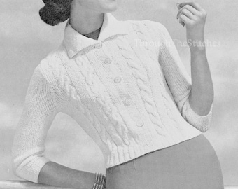 PDF: 1950s Vintage Knitting Pattern Ladies Cable Cardigan Sweater 3/4 Sleeves - PDF Instant Digital Download - Sporty Classic Style womens
