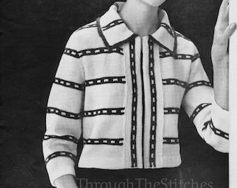 PDF Download: Retro Women's Vintage Knitting Pattern for Sweater Jacket, 3/4 Sleeves, Instant Digital Download, Women Sizes 10, 12, 14, 16