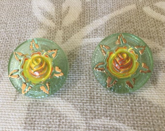 2 Pcs. Czech 23mm GLASS BUTTONS with Shanks, Pale Green Tint w/ Yellow Flower Sun w/ Golden Rays, Focal Point, Hand Made in Czech Republic