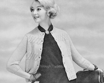 PDF 50s Decorative Spin on the Classic Cabled Cardigan Sweater, 3/4 Sleeves - 1959 Vintage Knitting Pattern - PDF Instant Digital DOWNLOAD
