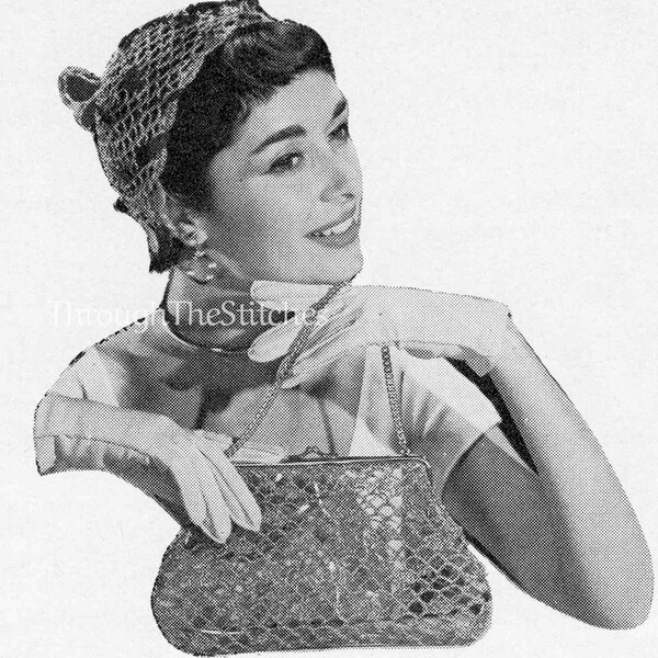 Glam 1950s Metallic Juliet Cap Hat w/ Sequins & Purse Vintage CROCHET PATTERN, Millinery - Instant PDF Download - Stylish Fashion