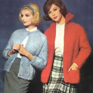 May include: Two women wearing knitted cardigans. The woman on the left is wearing a light blue cardigan and a grey skirt. The woman on the right is wearing a red cardigan and a plaid skirt.