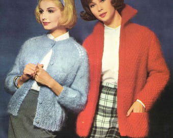 PDF Instant Digital Download for 2 Fast + Easy to Knit Ladies Mohair Cardigan & Jacket w/ Pockets, Sweater, 1960s Vintage Knitting Patterns