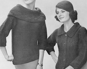 PDF Download: Two Ladies Vintage Knitting Patterns, a Buttoned & a Pullover -  PDF Instant Digital Download - Ladies Sizes 12, 14, 16, 18