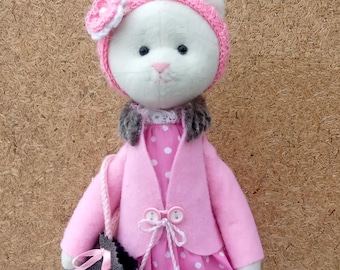 Handmade Fabric Cat Doll, Personalized Dress-Up Kitty with accessory
