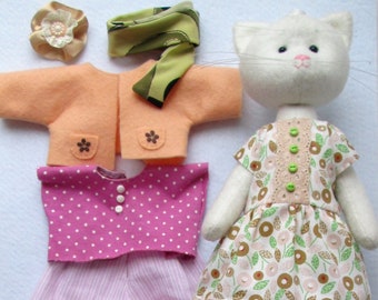 Handmade rag cat doll with a set of clothes, Cloth fabric cat Doll,doll with outfits, Personalized toy,Cat Lover Gift