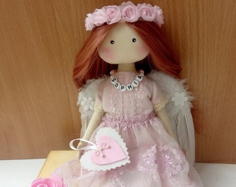 Handmade Personalized Rag Angel doll -Angel doll with red hair-Cute angel doll with a pink dress-Kids nursery decor