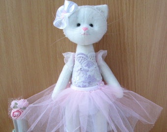 Handmade ballerina cat doll 12,6 inches (32cm )-rag danser doll-Fabric ballerina doll, decorative doll,Cat lover gift