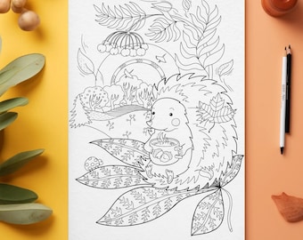 Dibujo para colorear de erizo para imprimir / Lámina para colorear de bosque otoñal / Descarga digital estilo cottagecore / Arte de la naturaleza para niños y adultos