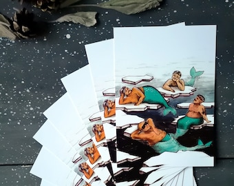 Funny winter postcard (10 pieces) / Chilling Merman artwork / Environmental postcard