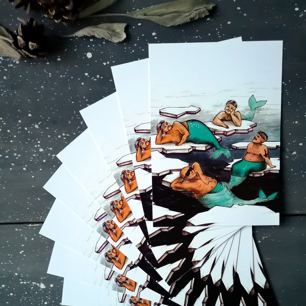 Drôle de carte postale d'hiver (10 pièces) / Chilling Merman artwork / Environmental postcard