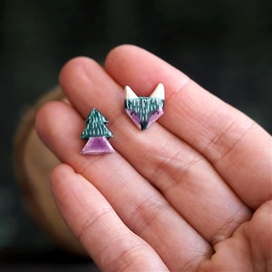 Ceramic Stud Earrings – Fox & Tree Design – Rustic Handmade Jewelry – Nature Lover Gift – Minimal Animal Earrings - One of the kind studs