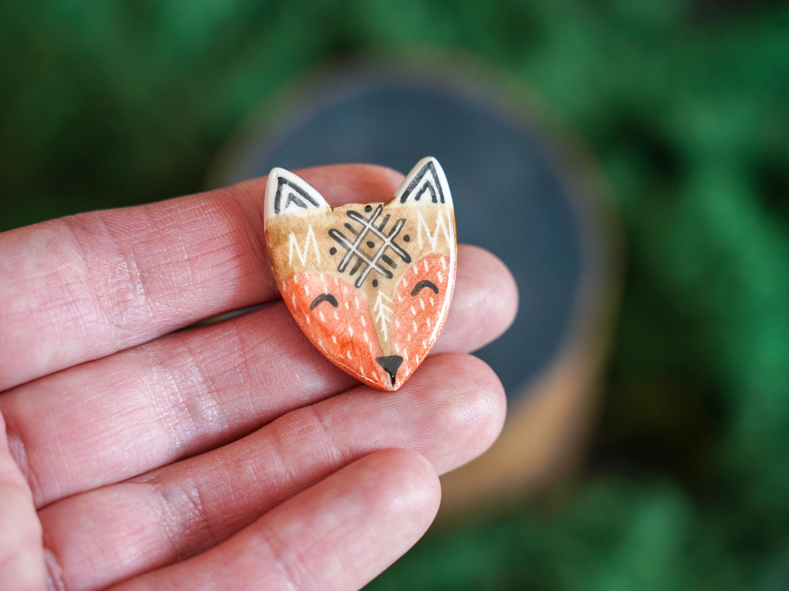 Fox Rune Drawing Rune Fox Head Pin Ceramic | Handmade Fox Brooch | Cottagecore Lapel Pin ...