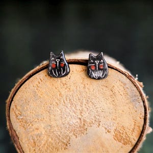 Handmade Ceramic Black Cat Earrings – One of a Kind Artisan Studs – Whimsical Kitty Jewelry – Unique Gift for Cat Lovers – Goth Cute Style