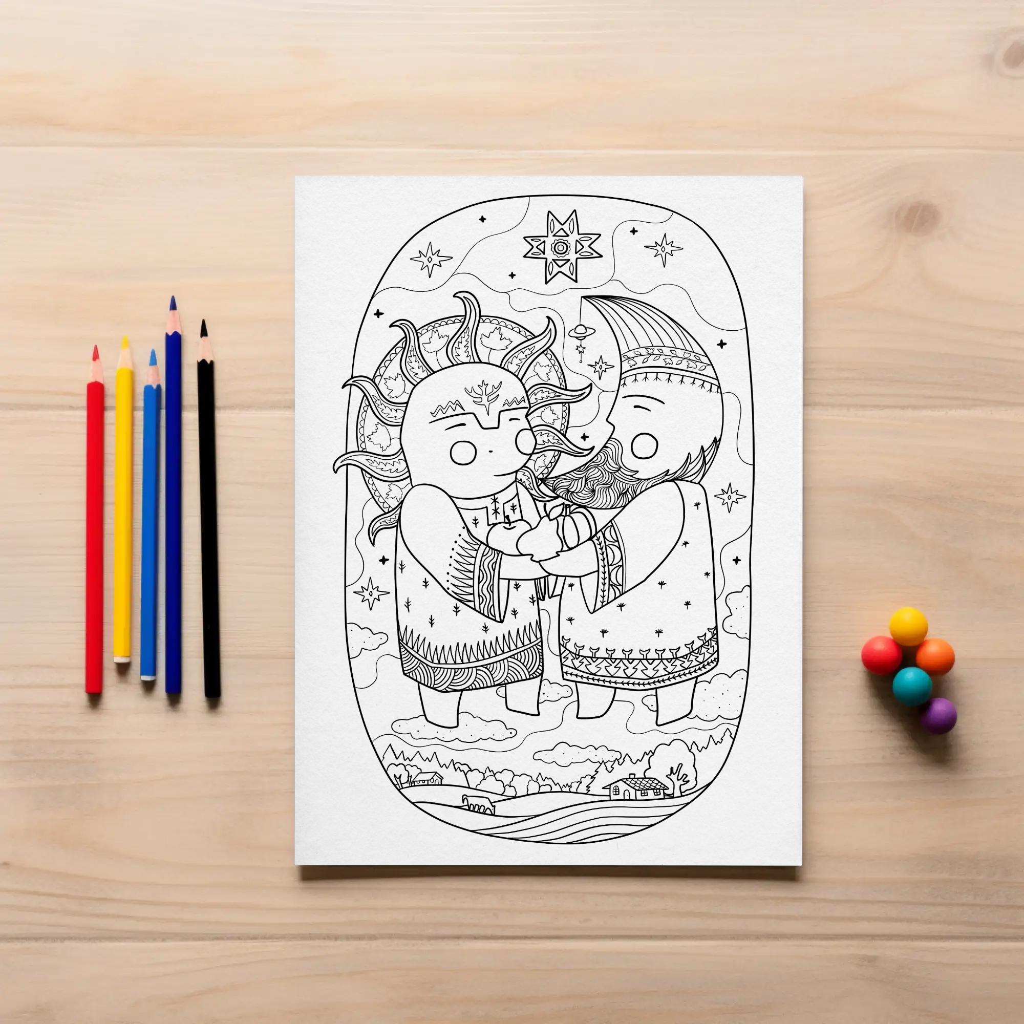 Sun and Moon Gods Coloring Page | Mythical Nordic Baltic Folk Art ...