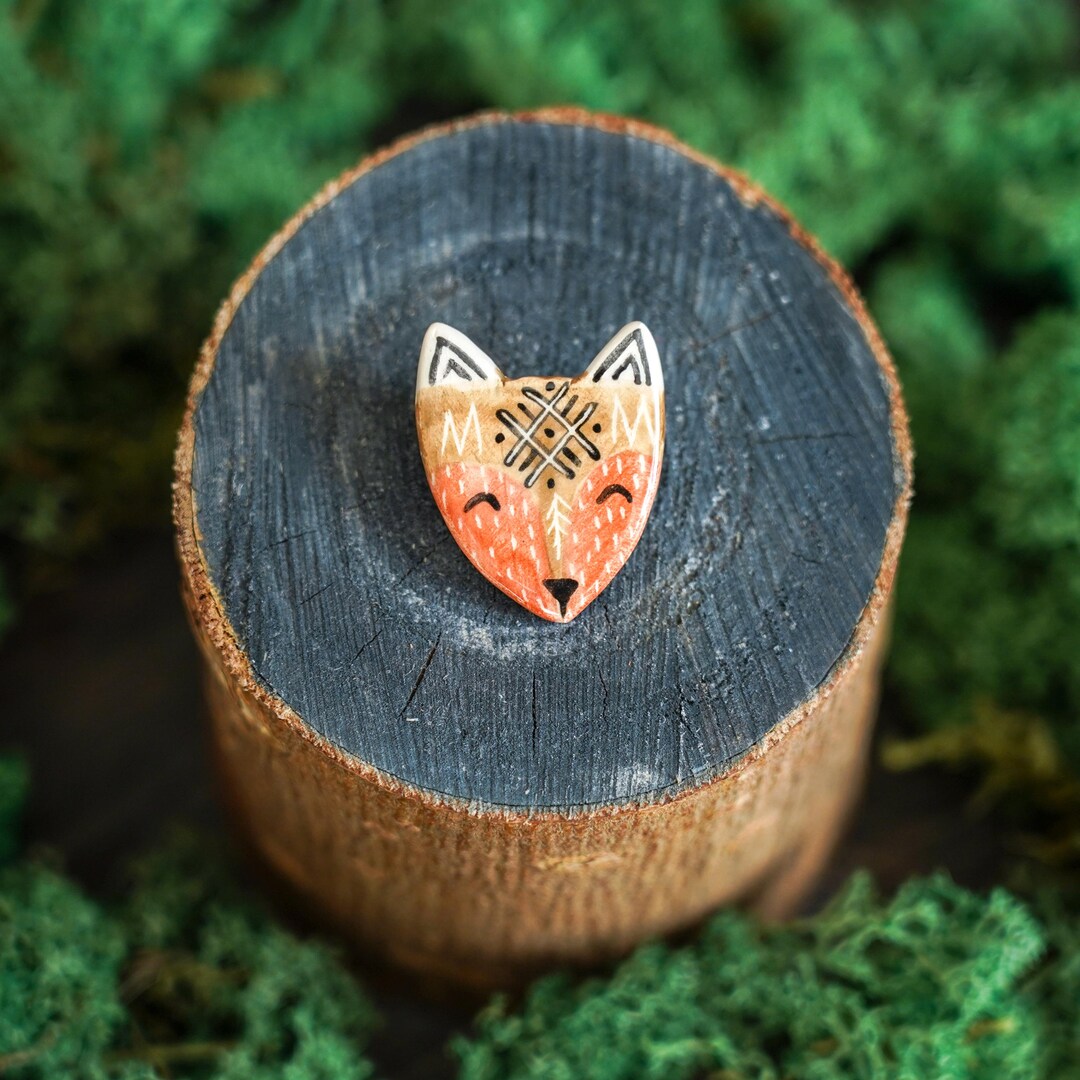 Fox Rune Drawing Rune Fox Head Pin Ceramic | Handmade Fox Brooch | Cottagecore Lapel Pin ...