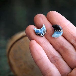 Ceramic Stud Earrings – Fox & Moon Design – Rustic Handmade Jewelry – Nature Lover Gift – Minimal Animal Earrings - One of the kind studs