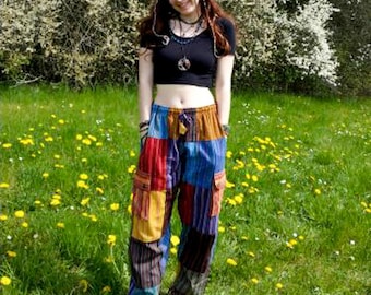 Unisex Hippie Patchwork Plus Size  Pants, Organic Cotton Harem Pants, Multi Pocket Trousers, Straight Leg Trousers, Multicolored Patterns
