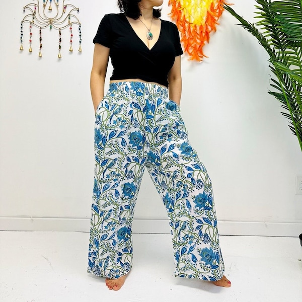 Cotton Palazzo Pants,Summer Flowy Pants, Women Bohemian Trousers with Pockets, Spring Loose Hippie Lightweight Pants, Floral Prints