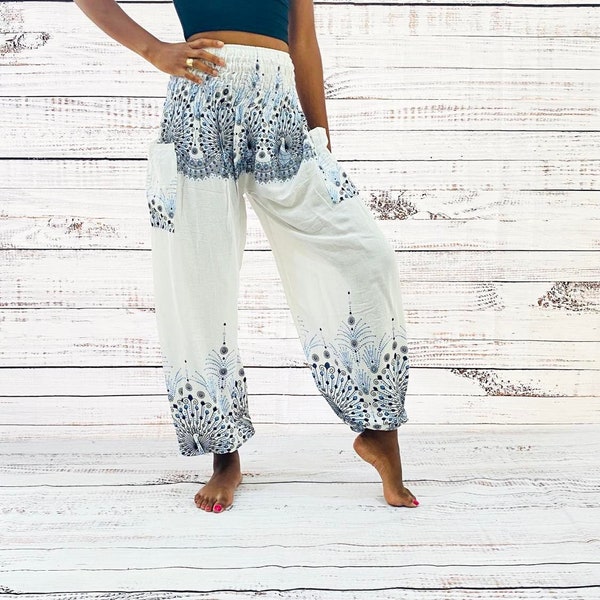 Harem Yoga Pants, Peacock Print, Small to XXL Summer Trousers, Light weight Beach Pants, Lounge Wear, Hippie Genie Pants, Bohemian Style