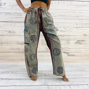 Hand Printed Pants, Multipockets Straight Leg Trouser, Patchwork Pant with Color Block Design, Bohemian Unisex Colorful Cotton Pant,