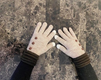 Handgebreide handschoenen voor dames met voering, warme winterhandschoenen, stijlvolle handschoenen met zijknoppen, winterhandschoenen voor volwassenen, sms-handschoenen