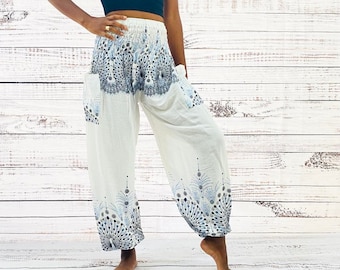 Harem Yoga Pants, Peacock Print, Small to XXL Summer Trousers, Light weight Beach Pants, Lounge Wear, Hippie Genie Pants, Bohemian Style