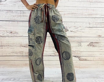 Hand Printed Pants, Multipockets Straight Leg Trouser, Patchwork Pant with Color Block Design, Bohemian Unisex Colorful Cotton Pant,