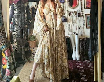 Boho lange rok met ruches en top met klokmouwen, festivalzomerrok, vintage vloeiende elegante gerecyclede zijde, maxi-hippierok, retrostijl