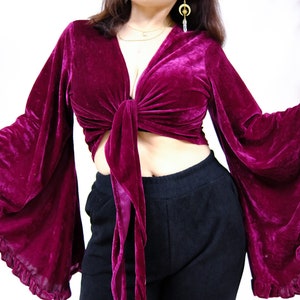 Velvet Wrap Top, Mulberry Silk Three Way Tie Top, Plus Size, Crop Top Flare Sleeve Blouse, Bohemian Style, Ruffle, Hippie, 70s 60s Festival