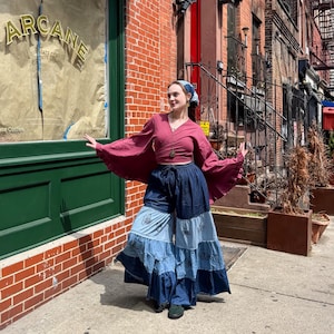 Flowy Denim Tiered Wide Leg Pants, Block Print Palazzo Pant with Pockets, Free Spirit Style, Boho Hippie Pants, Goth Inspired MulticolorPant