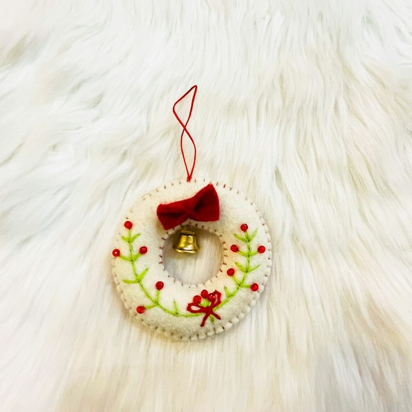 Wreath Ornament, Felt Wool Wreath with Bell Hanging, Holiday Decor, Stocking Stuffer, Christmas Tree Hanging, Handmade , Holiday Gift