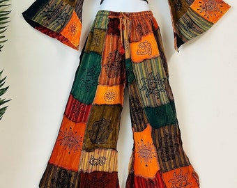Patchwork Cotton Palazzo Pants, Wide Leg Colorful Festival
