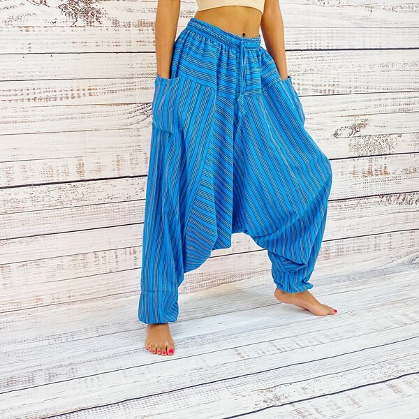 Cotton Harem Pants, Unisex Aladdin Trousers, Pants with Pockets, Yoga Pants, Low Crotch Men Women Pants from Nepal, Harem Pants, Hippiestyle