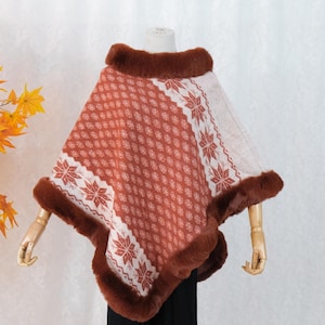 Winter Wool Blend Ponchos, Faux Fur, Snow Flake Design, Warm Shawls, Holiday Gift, Bohemian Wraps, One Size, Boho Knitted Wraps, Sweaters