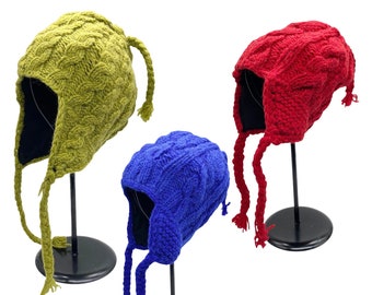 Knitted Earflap Hat with Pom pom, Kids Earflap Himalayan Wool Winter Hats, Fleece Lined, Crocheted Snow Ski Toddler Hat, Winter Kids Beanie