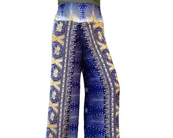 Summer Slit Pants/Elephant print Harem Pants/Beach Pants/Open Leg/Wrap Pants/Palazzo Trousers/Wide Leg/Yoga Clothing/Boho/Hippie/Slit/Boho