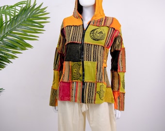 Patchwork Jacket with Hoodie, Handmade Organic Cotton Unisex Fall/Winter Sweater,Hippie PullOver, Boho Jacket,Festival Fashion,Zipped Hoodie