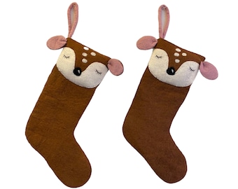 Handmade Felt Wool Animal Christmas Stocking from Nepal, Reindeer Sheep Bear Fox Felt Stocking, Felt Decor, Christmas Decor, Felt Christmas