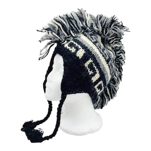 Black Mohawk Hat, Unisex Winter Earflap Hat, Handmade Winter Adult, Beanie Hat,Crocheted Hat with Spikes,Fleece Lined Ski Hat, Unique Hippie