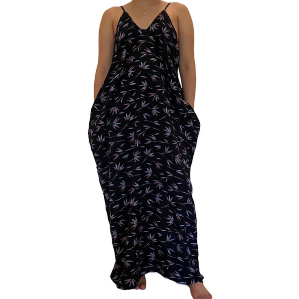 Summer Dress,Maxi Summer Dress,BlacK/White Rayon Dress,Leaf Print Dress,Boho Dress,Free Size Light Dress,Comfy Loose Summer Dress,Sleeveless