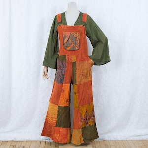 Vintage kantha Patchwork Wide Leg Jumpsuit, Boho Upcycled Flowy Overall with Pockets, Handmade Overall with Pockets,Colorful Festival Romper