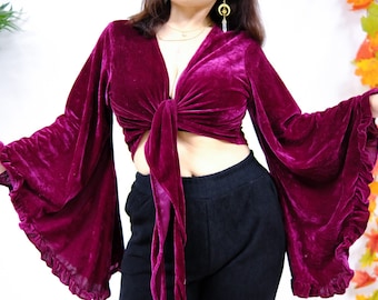 Velvet Wrap Top, Mulberry Silk Three Way Tie Top, Plus Size, Crop Top Flare Sleeve Blouse, Bohemian Style, Ruffle, Hippie, 70s 60s Festival