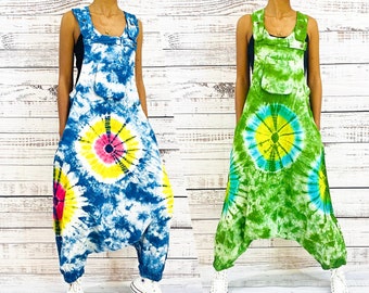 Tie Dye Overalls, Cotton Dungarees, Festival Clothing, Small to XXL Harem Jumpsuits, Hippie Jumpsuits, Summer Fashion, Low Crotch Pantsuit