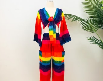 Pride Two Piece Set, Rainbow Unisex Pants, Bell Sleeve Flare Top, LGBTQ + Pride Fashion, Pride Boho Pants, Bright Colorful Festival Fashion