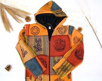Veste d'hiver à capuche hippie en patchwork, pull long en coton doublé polaire, pull bohème unisexe avec fermeture éclair, veste hippie patchée, grande taille